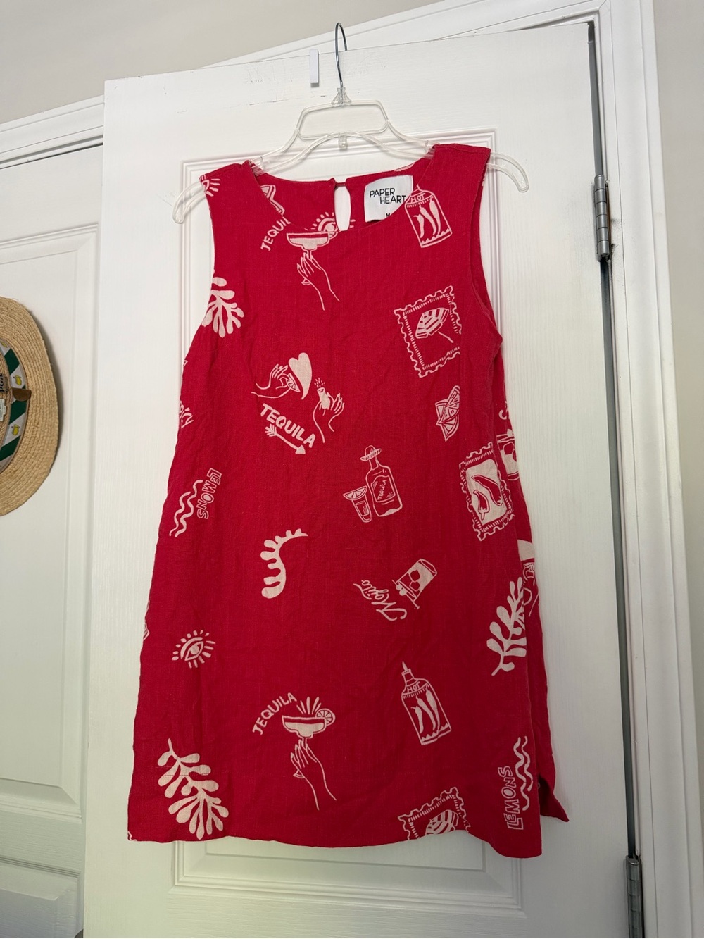 Paper Heart Linen Blend Red Dress with Tequila Icons, Size M